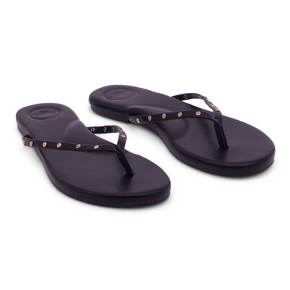 Soléi Indie Black Flip Flop Sandals - Vegan Leather, Brass Studs, Size 7